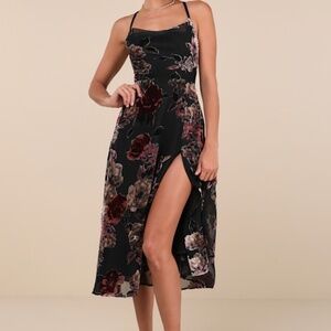Lulus Exuberant Vibes Black Floral Velvet Burnout Tie-back Midi Dress - Size M